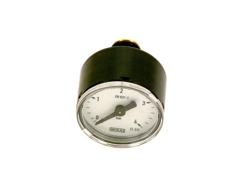 Manometer mit schwarzem Gehäuse und weißem Ziffernblatt, angezeigt in Bar. Die Marke Bosch ist erkennbar.